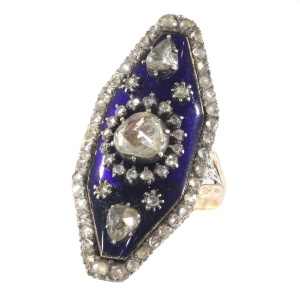 Magnificent Victorian rose cut diamond ring with blue enamel